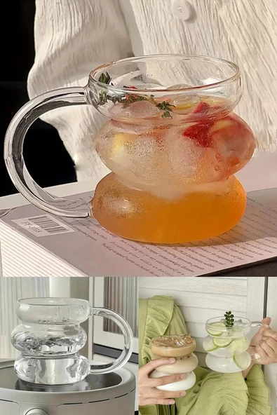 2li Üç Büklüm Dev Şeritli Kulplu Cam Bardak Pipetli Meşrubat Kahve Sunum Kokteyl Bardağı 400ml Seti - 3