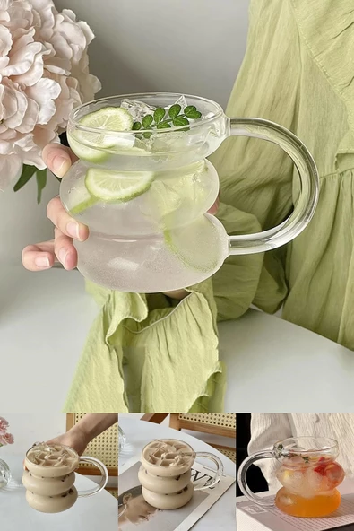 2li Üç Büklüm Dev Şeritli Kulplu Cam Bardak Pipetli Meşrubat Kahve Sunum Kokteyl Bardağı 400ml Seti - 2