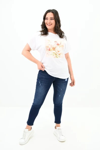 Kadın Büyük Beden Çiçek Baskı Detaylı T-shirt 1780-25 - 8