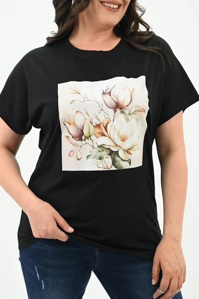 Kadın Büyük Beden Çiçek Baskı Detaylı T-shirt 1780-25 - 5