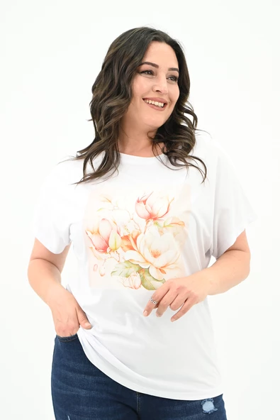 Kadın Büyük Beden Çiçek Baskı Detaylı T-shirt 1780-25 - 7