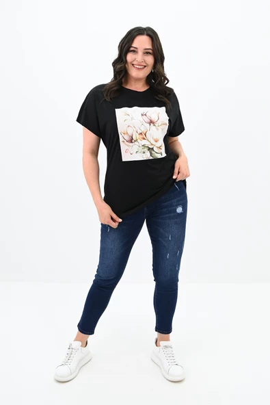 Kadın Büyük Beden Çiçek Baskı Detaylı T-shirt 1780-25 - 3