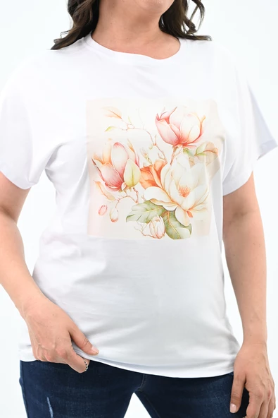 Kadın Büyük Beden Çiçek Baskı Detaylı T-shirt 1780-25 - 10