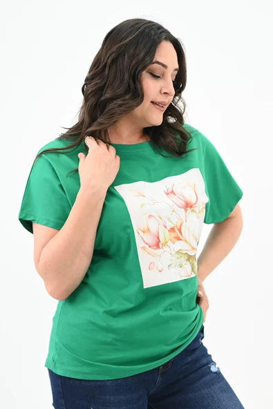 Kadın Büyük Beden Çiçek Baskı Detaylı T-shirt 1780-25 - 12