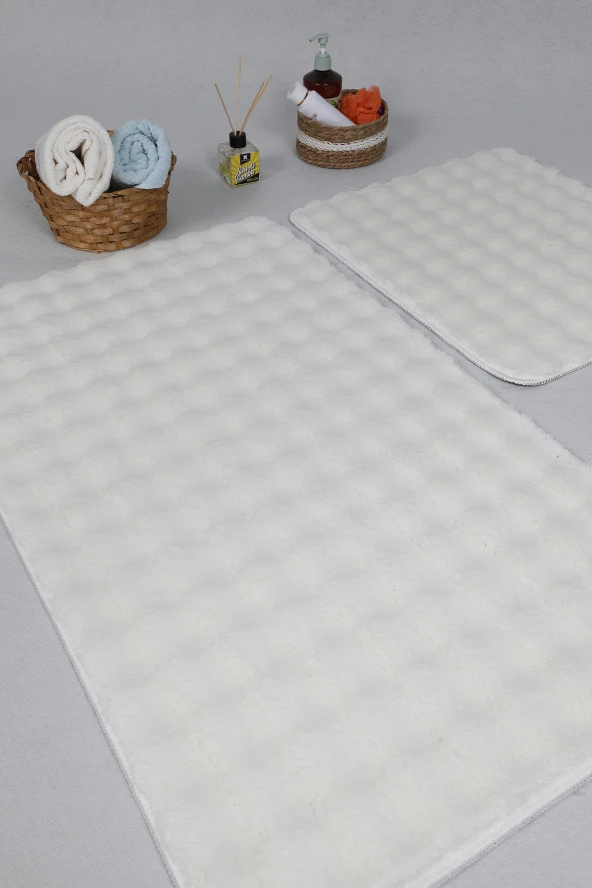 Modern Bubble Yıkanabilir Kaymaz Peluş Banyo Paspası Halısı 2'li Klozet Takımı 50X80-50X40cm Krem - 3