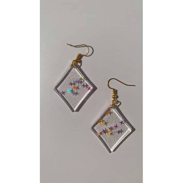 Şeffaf Yıldız Simli Glitterli Parlak Gold Aksesuar Karo Dörtgen Şekil 4 Cm Epoksi Küpe Hediyelik ürün görseli