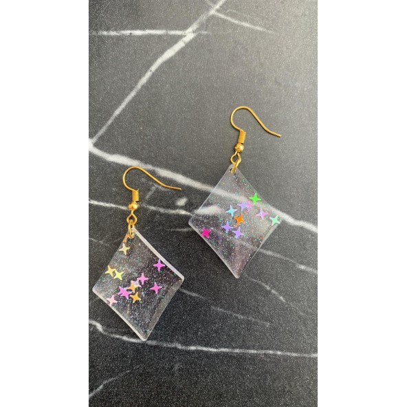 Şeffaf Yıldız Simli Glitterli Parlak Gold Aksesuar Karo Dörtgen Şekil 4 Cm Epoksi Küpe Hediyelik - Resim 4