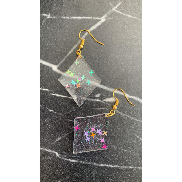 Şeffaf Yıldız Simli Glitterli Parlak Gold Aksesuar Karo Dörtgen Şekil 4 Cm Epoksi Küpe Hediyelik - Resim 6
