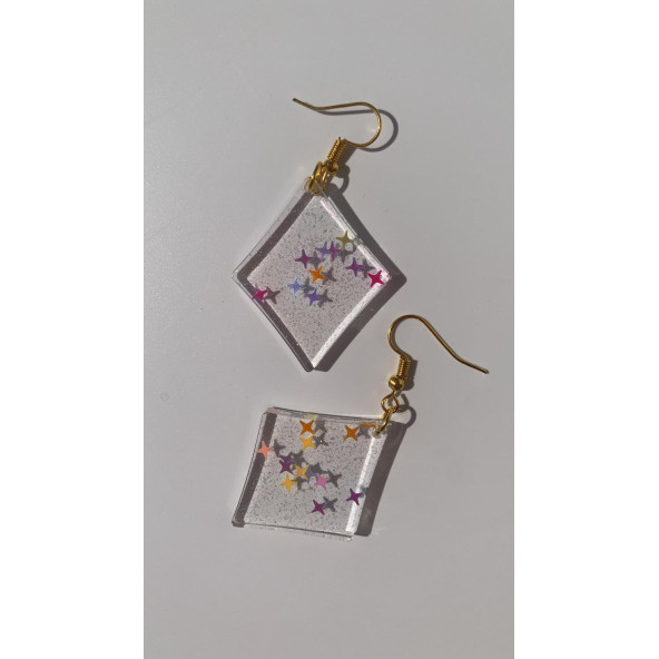 Şeffaf Yıldız Simli Glitterli Parlak Gold Aksesuar Karo Dörtgen Şekil 4 Cm Epoksi Küpe Hediyelik - Resim 7