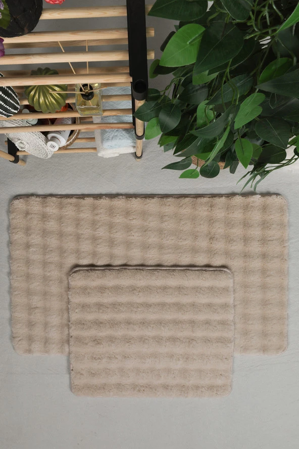 Modern Bubble Yıkanabilir Kaymaz Peluş Banyo Paspası Halısı 2'li Klozet Takımı 60x100-50x60cm Açık Bej - 2