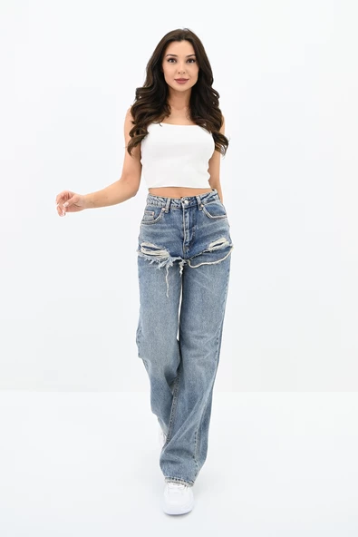 WIDE LEG Kadın Yüksek Bel Yırtık Detay Mavi Jean 4415-25 DPL-851