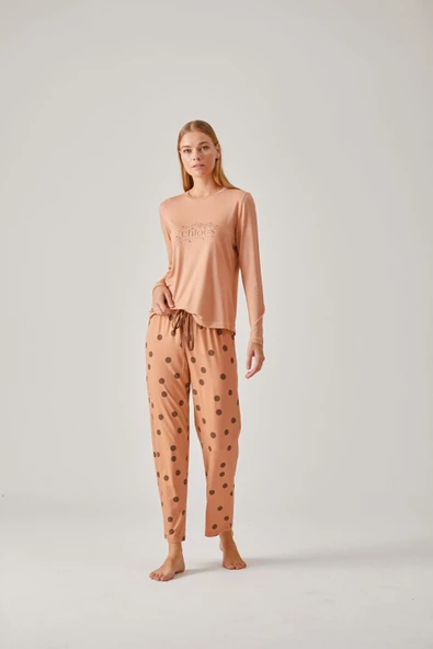 Pamuk Pamuk 24014 Kadın Baskılı Tişört Puantiye Pantolonlu Pijama Takımı