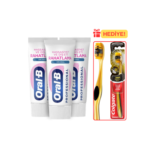 Oral-B Professional Hassasiyet ve Rahatlama Diş Macunu 50 ml x3 Adet + Colgate 360 Charcoal Gold Yumuşak Diş Fırçası HEDİYE!