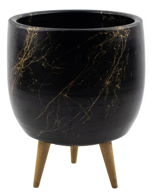 Bitki Tasarımı  Siyah Üzeri Gold Mermer Efektli Toprak Saksı Saksılık Salon Çiçeklik 3 Ayaklı - 19 CM - Resim 2