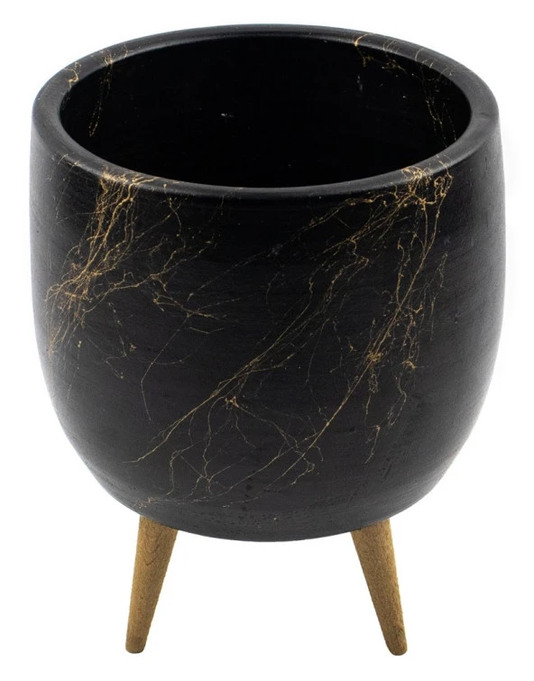Bitki Tasarımı  Siyah Üzeri Gold Mermer Efektli Toprak Saksı Saksılık Salon Çiçeklik 3 Ayaklı - 19 CM - Resim 3