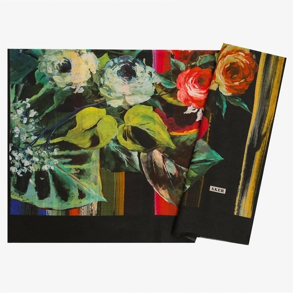 Aker İpek Koton (Pamuklu) Yaz Serinliği Şal Etol 7805777 SİYAH KIRMIZI