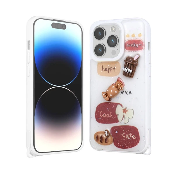 Apple iPhone 14 Pro Max Kılıf Parlayan Simli Kabartma Figürlü  Cevze Kapak - Resim 5