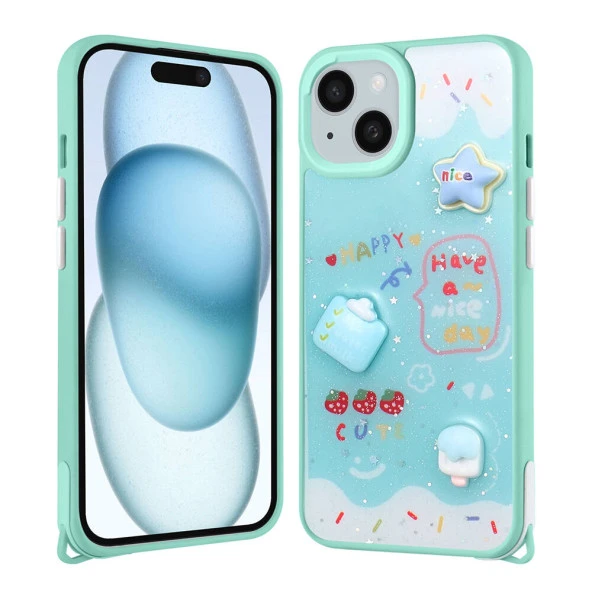 Apple iPhone 15 Kılıf Parlayan Simli Kabartma Figürlü  Cevze Kapak - Resim 5