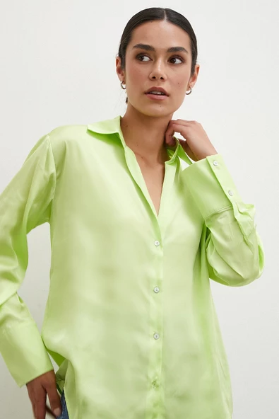 Basic Saten Gömlek Sarı - Resim 6