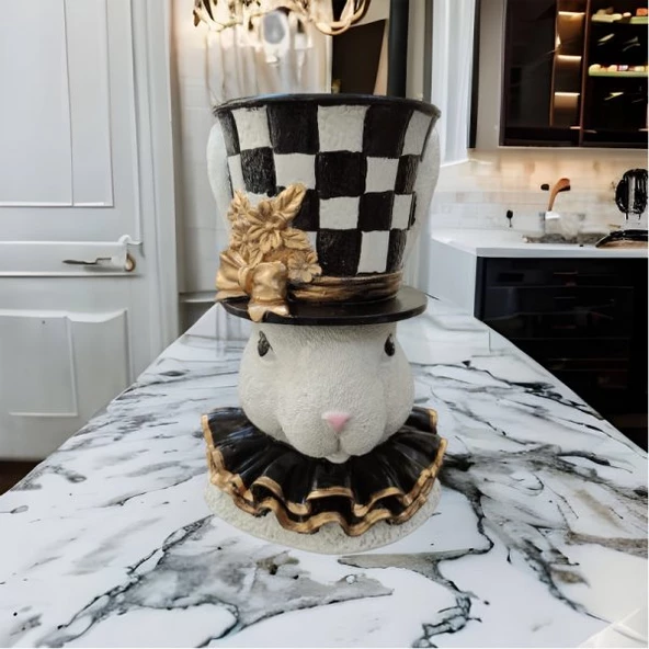 Siyah Beyaz Dama Desen Paskalya Tavşan Saksı - 3