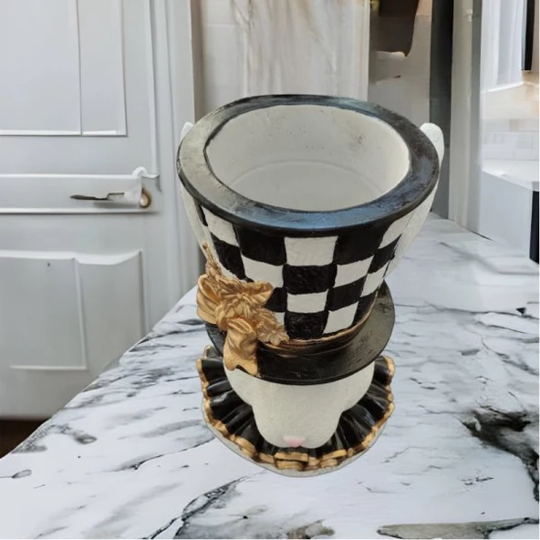 Siyah Beyaz Dama Desen Paskalya Tavşan Saksı - 4