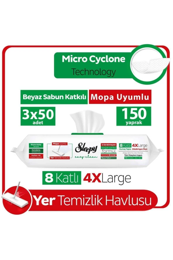 Sleepy Easy Clean Beyaz Sabun Katkılı Mopa Uyumlu Yer Temizlik Havlusu 3x50 (150 YAPRAK)