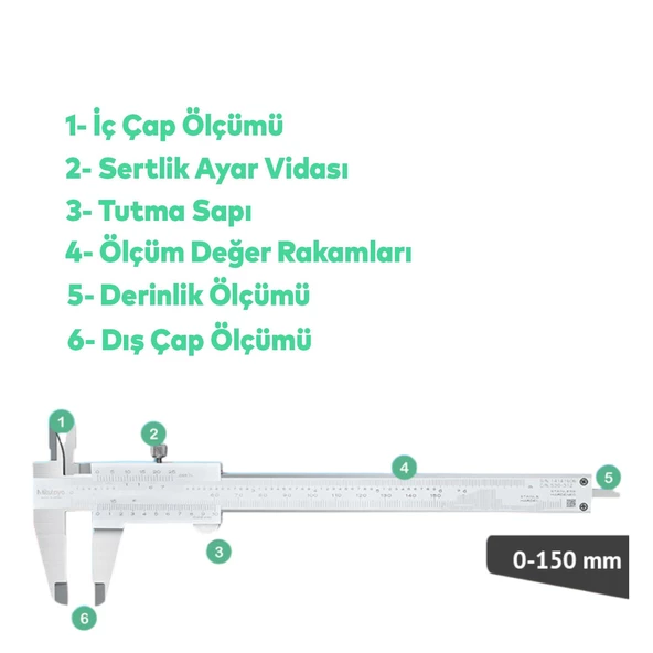 Mekanik Manuel Metal Kumpas Metal Çene 150 mm Kutulu Hassas İç Dış Derinlik Ölçüm Aleti - 4