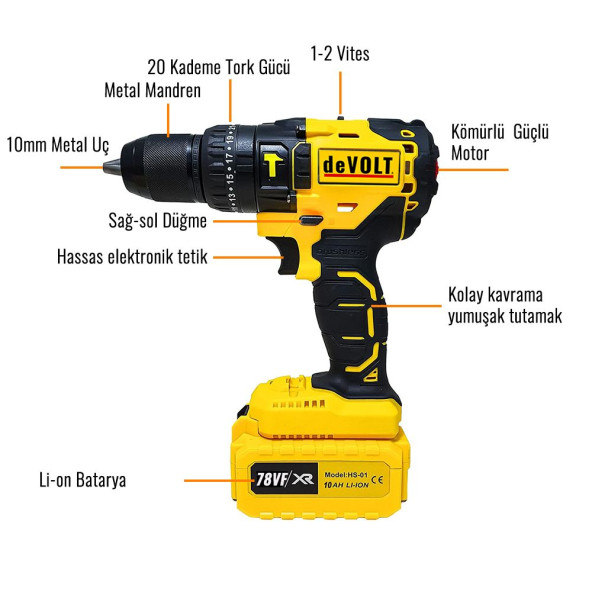 Devolt 78vf 10ah darbeli çift akülü vidalama matkap set EEA218 - 2