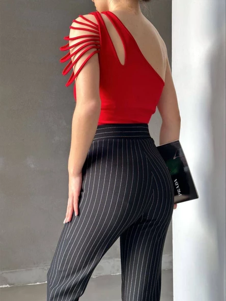 KırmızıTek Kol Omuzu İp Detaylı Tasarım Bluz - 2