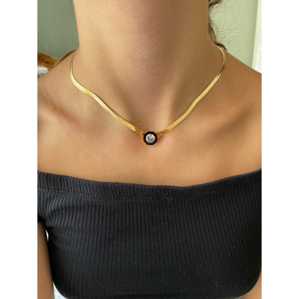Çağla Şikel Model Taşlı İtalyan Zincir Çelik Kolye - 2