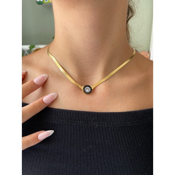 Çağla Şikel Model Taşlı İtalyan Zincir Çelik Kolye - 3