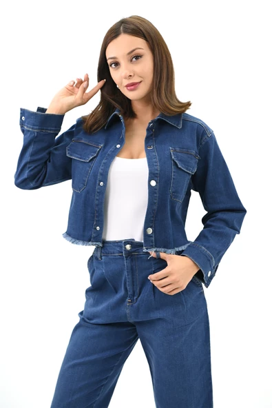 Kadın Püsküllü Çıt Çıtlı Kot Ceket 4410-24 - 4