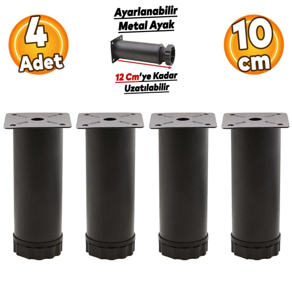 Ayarlanabilir Dolap Mobilya Kanepe Baza Koltuk Metal Destek Yükseltici Ayağı 10 Cm Siyah Ayakları 4 Adet