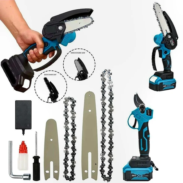 Akülü Makaslı Dal Budama ve Dal Budama Testere 2Li Set 58V 5Ah Çift Akülü Çelik Şanzımanlı EEA101 (B) - 5