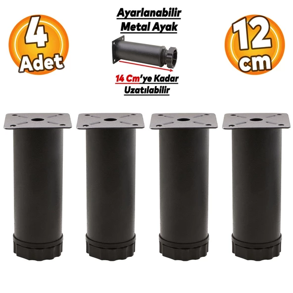 Ayarlanabilir Mobilya Kanepe Baza Koltuk Metal Destek Yükseltici Ayağı 12 Cm Siyah Ayakları 4 Adet