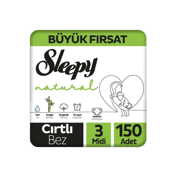 Sleepy Natural Büyük Fırsat Paketi Bebek Bezi 3 Numara Midi 150 Adet