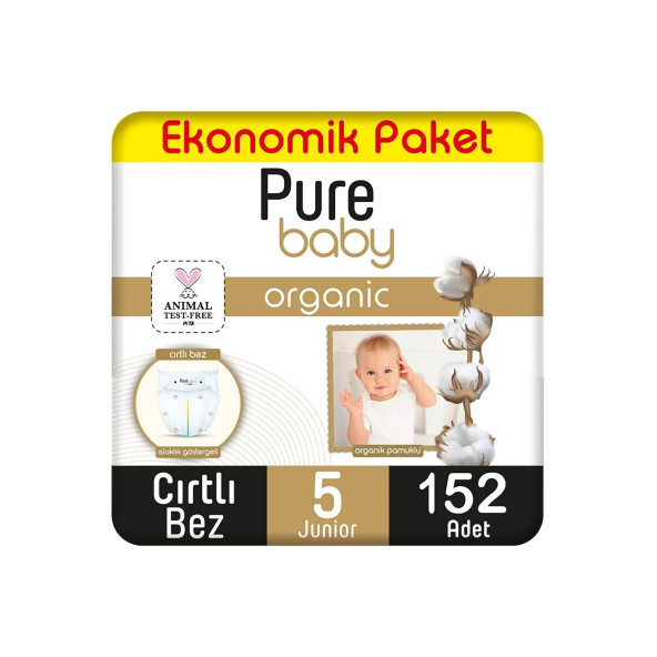 Pure Baby Organik Pamuklu Cırtlı Bez Ekonomik Paket 5 Numara Junior 152 Adet