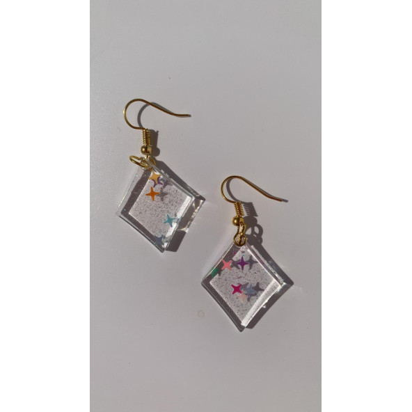 Şeffaf Yıldız Simli Glitterli Parlak Gold Aksesuar Karo Dörtgen Şekil 3 Cm Epoksi Küpe Hediyelik - Resim 5