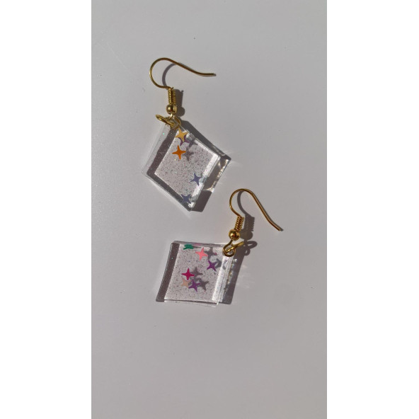 Şeffaf Yıldız Simli Glitterli Parlak Gold Aksesuar Karo Dörtgen Şekil 3 Cm Epoksi Küpe Hediyelik - Resim 6