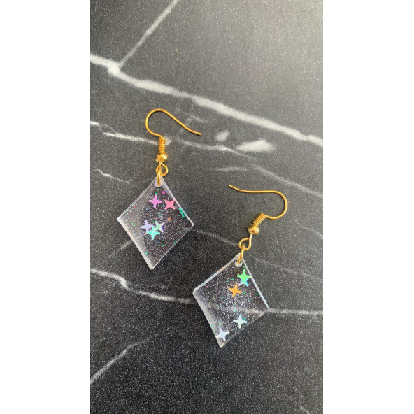 Şeffaf Yıldız Simli Glitterli Parlak Gold Aksesuar Karo Dörtgen Şekil 3 Cm Epoksi Küpe Hediyelik - Resim 8