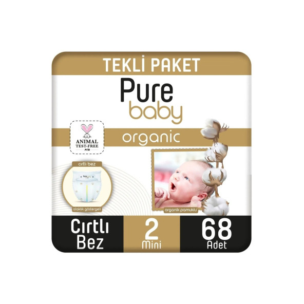 Pure Baby Organik Pamuklu Cırtlı Bez Tekli Paket 2 Numara Mini 68 Adet