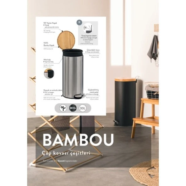 5five Simply Smart Bambu 30 Lt Metal Petrol Mavisi Çöp Kovası - 6
