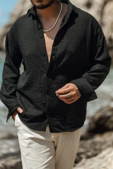 Erkek Uzun Kollu Gömlek Yaka Keten Oversize Gömlek - 4