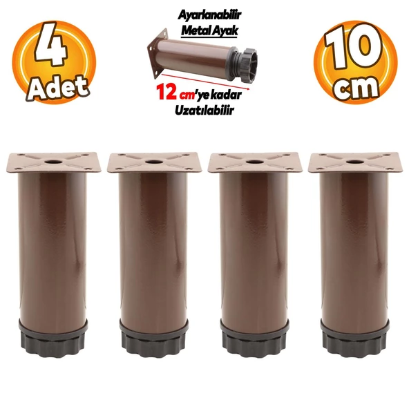 Ayarlanabilir Dolap Mobilya Kanepe Baza Koltuk Metal Destek Yükseltici Ayağı 10 cm Kahve Ayakları 4 Adet