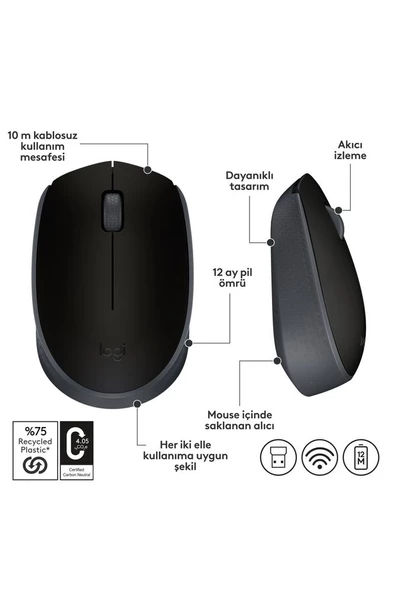 M171 USB Alıcılı Kablosuz Kompakt Mouse - Siyah 910-004424 - 6