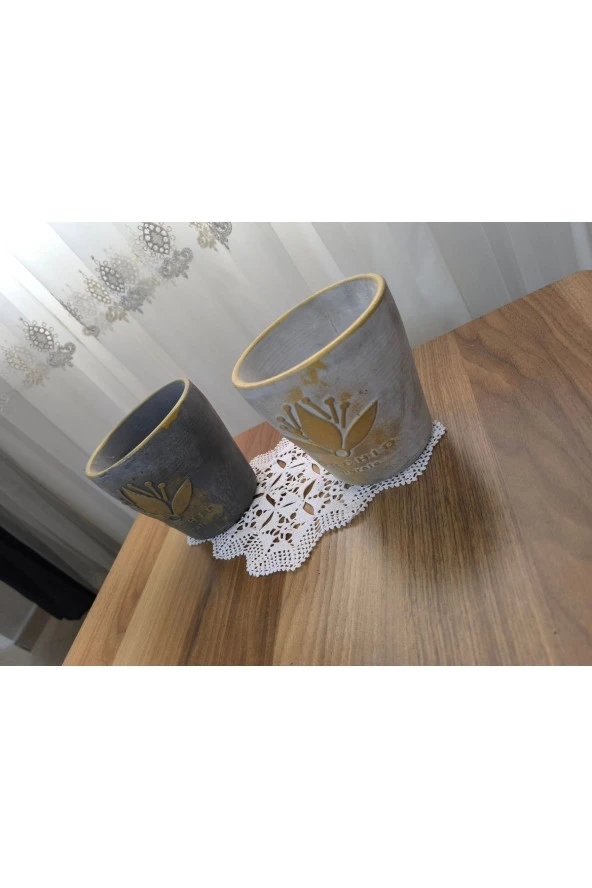 2 Adet Gold Eskitme Beton Orkide Saksısı Antrasit-Gri Renkli