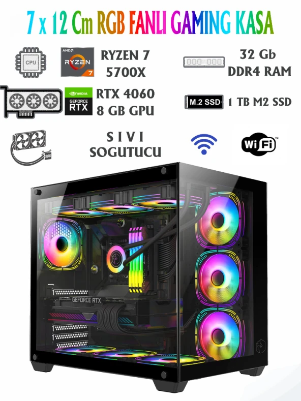 RAMTECH SUPPLEY RYZEN 7 5700X / RTX 4060 8GB / 32GB RAM / 1TB NVME M2 SSD / SIVI SOĞUTMALI OYUNCU BİLGİSAYARI