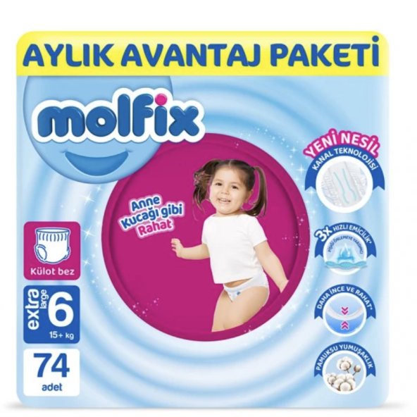 Molfix Pants Bebek Bezi 6 Beden E.Large Aylık AvantajPaketi 74 Adet