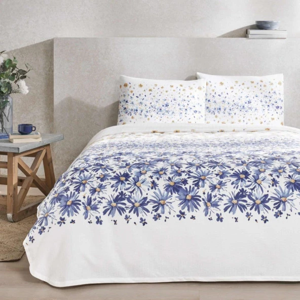Taç Baskılı Flora Tek Kişilik Pike Takımı Mavi
