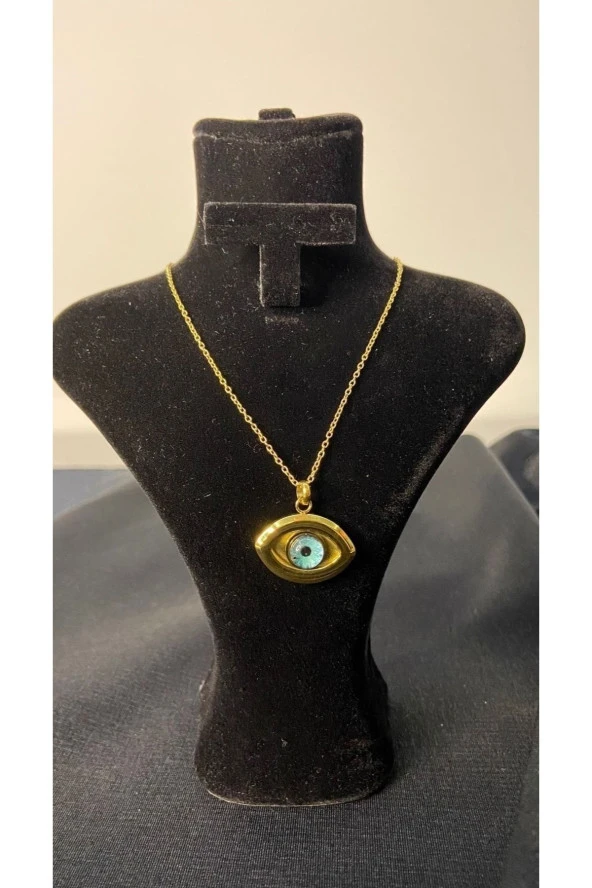 Şık Nazar Boncuğu Gözlü Paslanmaz Gold Zincirli Çelik Kolye ürün görseli